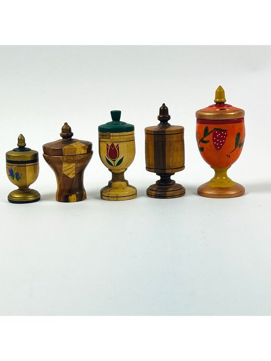 Handmade Other - Vintage Handmade Wooden Lidded Urn Containers Set of 5 Hand Painted Floral Decor